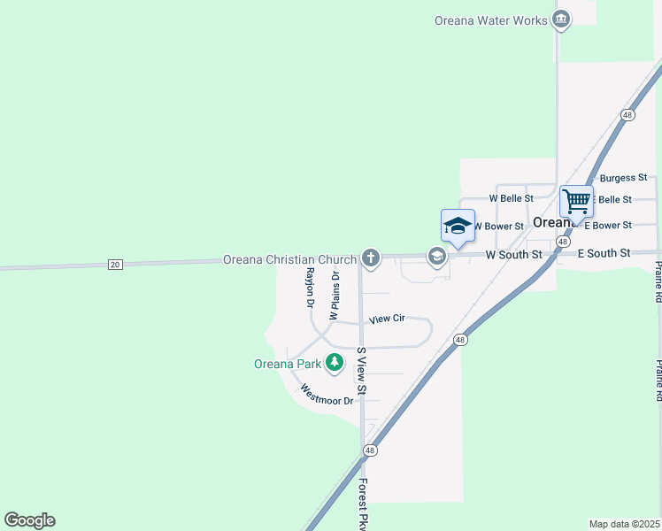 map of restaurants, bars, coffee shops, grocery stores, and more near 201 West Plains Drive in Oreana