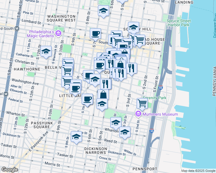 map of restaurants, bars, coffee shops, grocery stores, and more near 507 Carpenter Street in Philadelphia