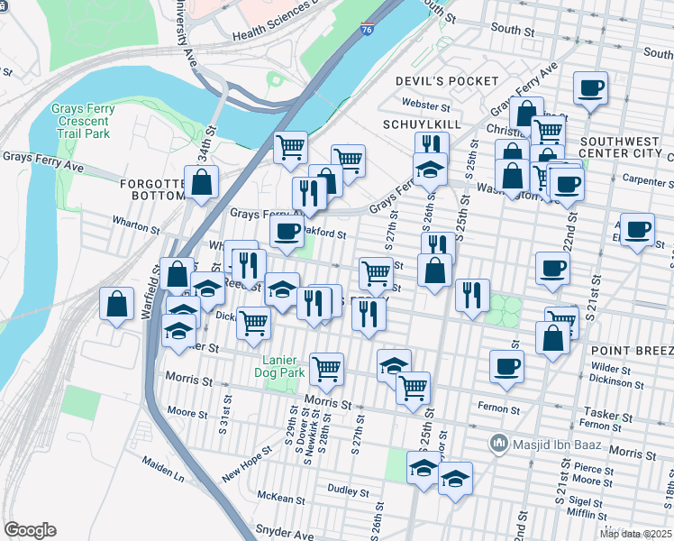 map of restaurants, bars, coffee shops, grocery stores, and more near 2814 Wharton Street in Philadelphia