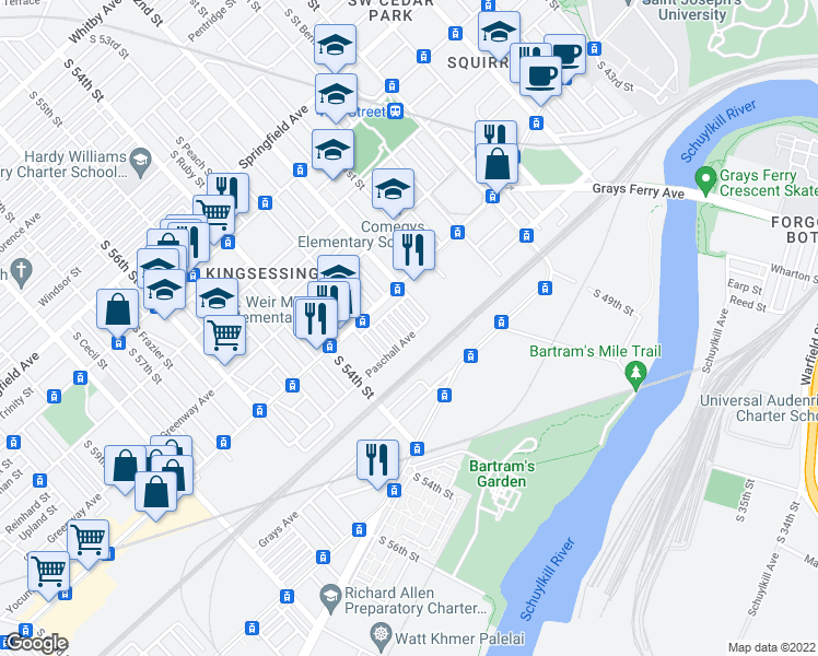 map of restaurants, bars, coffee shops, grocery stores, and more near 1646 South Wilton Street in Philadelphia