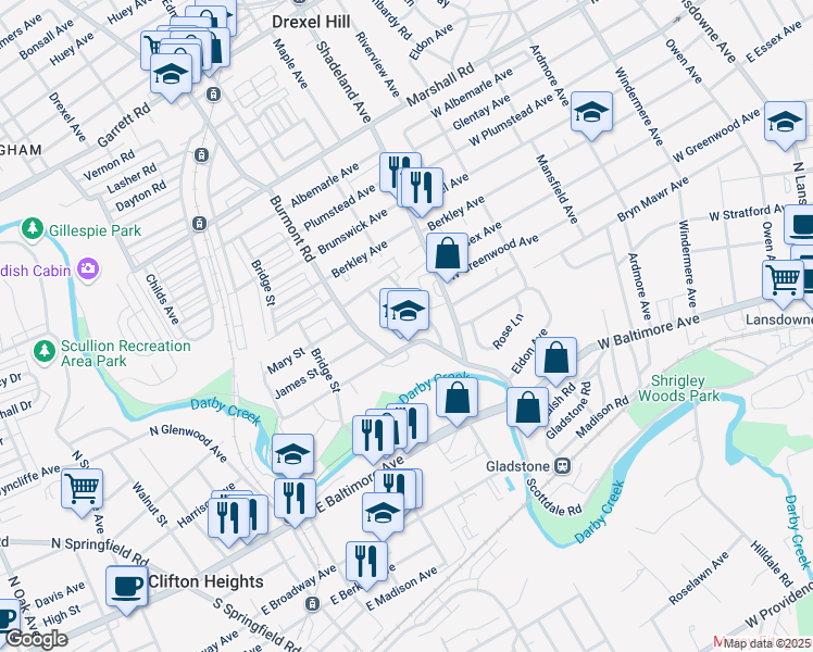 map of restaurants, bars, coffee shops, grocery stores, and more near 121 Saint Charles Street in Upper Darby