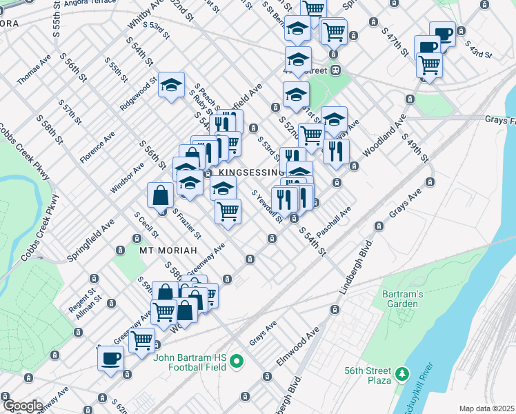map of restaurants, bars, coffee shops, grocery stores, and more near 1665 South Conestoga Street in Philadelphia
