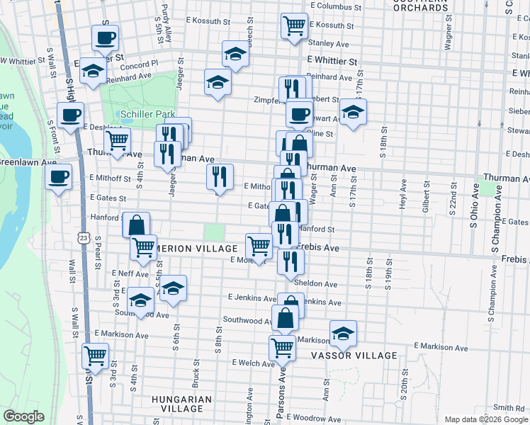 map of restaurants, bars, coffee shops, grocery stores, and more near 414 East Gates Street in Columbus