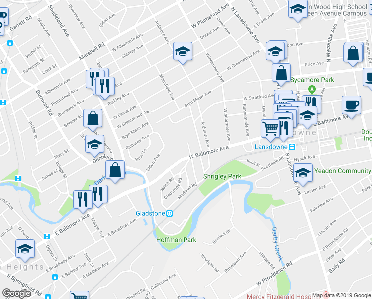 map of restaurants, bars, coffee shops, grocery stores, and more near 10 Martin Drive in Lansdowne