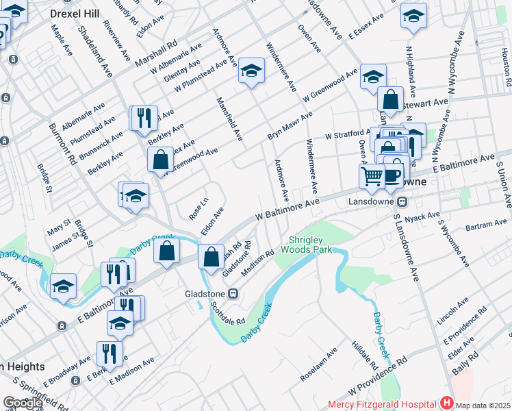 map of restaurants, bars, coffee shops, grocery stores, and more near 10 Martin Drive in Lansdowne