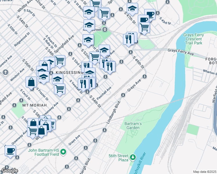 map of restaurants, bars, coffee shops, grocery stores, and more near 1646 South Wilton Street in Philadelphia