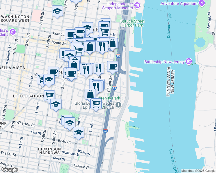 map of restaurants, bars, coffee shops, grocery stores, and more near 810 South Front Street in Philadelphia