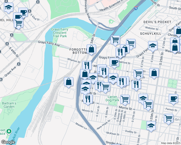 map of restaurants, bars, coffee shops, grocery stores, and more near 1322 South 33rd Street in Philadelphia