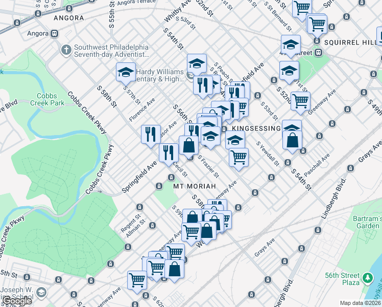 map of restaurants, bars, coffee shops, grocery stores, and more near 5617 Chester Avenue in Philadelphia
