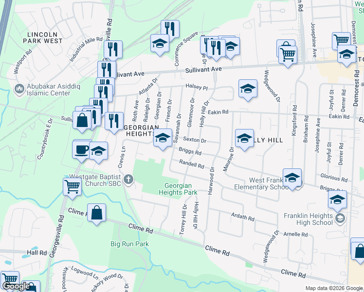 map of restaurants, bars, coffee shops, grocery stores, and more near 3989 Sexton Drive in Columbus