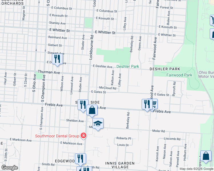 map of restaurants, bars, coffee shops, grocery stores, and more near 1389 Ellsworth Avenue in Columbus