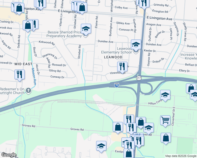 map of restaurants, bars, coffee shops, grocery stores, and more near 1789 Elaine Road in Columbus