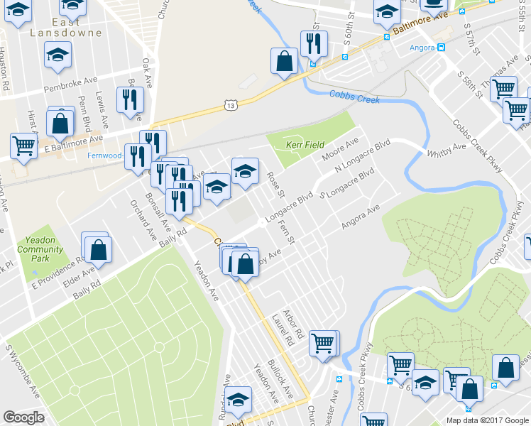 map of restaurants, bars, coffee shops, grocery stores, and more near 903 Longacre Boulevard in Yeadon
