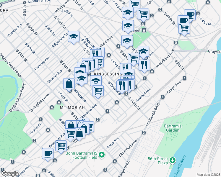 map of restaurants, bars, coffee shops, grocery stores, and more near 1663 South Conestoga Street in Philadelphia