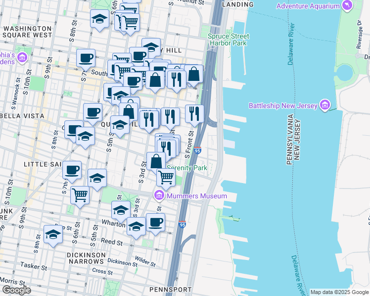map of restaurants, bars, coffee shops, grocery stores, and more near 810 South Front Street in Philadelphia