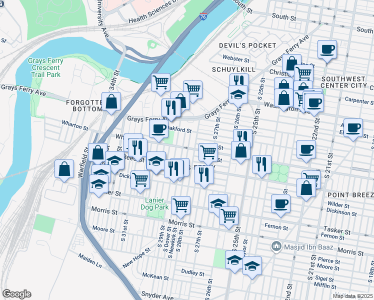 map of restaurants, bars, coffee shops, grocery stores, and more near 2814 Wharton Street in Philadelphia