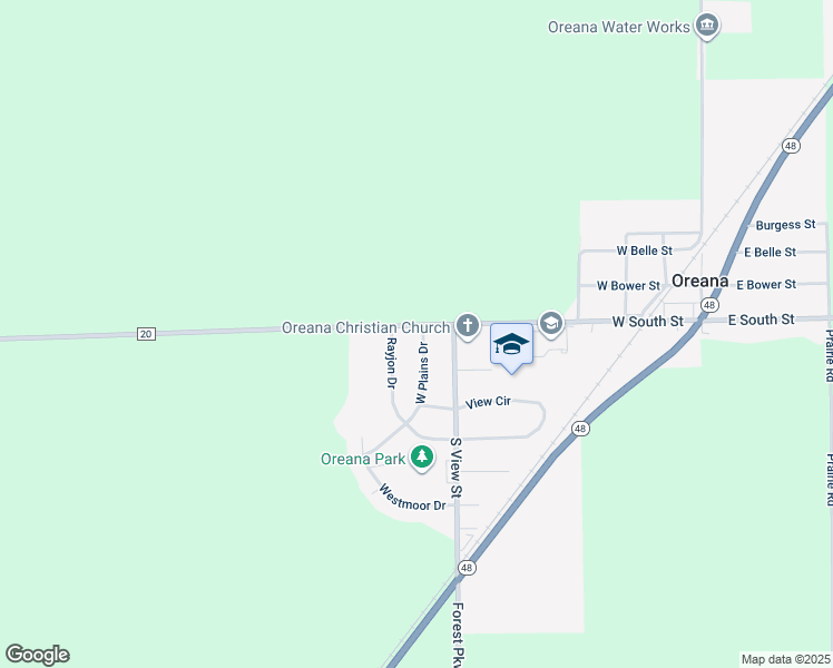 map of restaurants, bars, coffee shops, grocery stores, and more near 201 West Plains Drive in Oreana