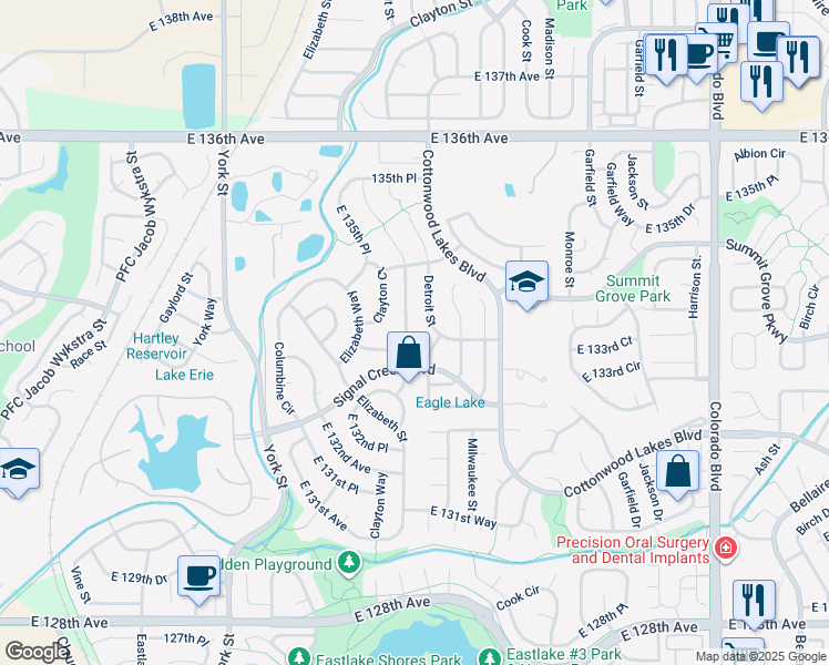 map of restaurants, bars, coffee shops, grocery stores, and more near 13418 Clayton Street in Thornton