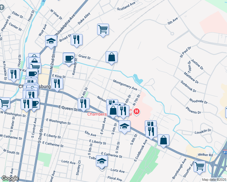 map of restaurants, bars, coffee shops, grocery stores, and more near 529 East King Street in Chambersburg