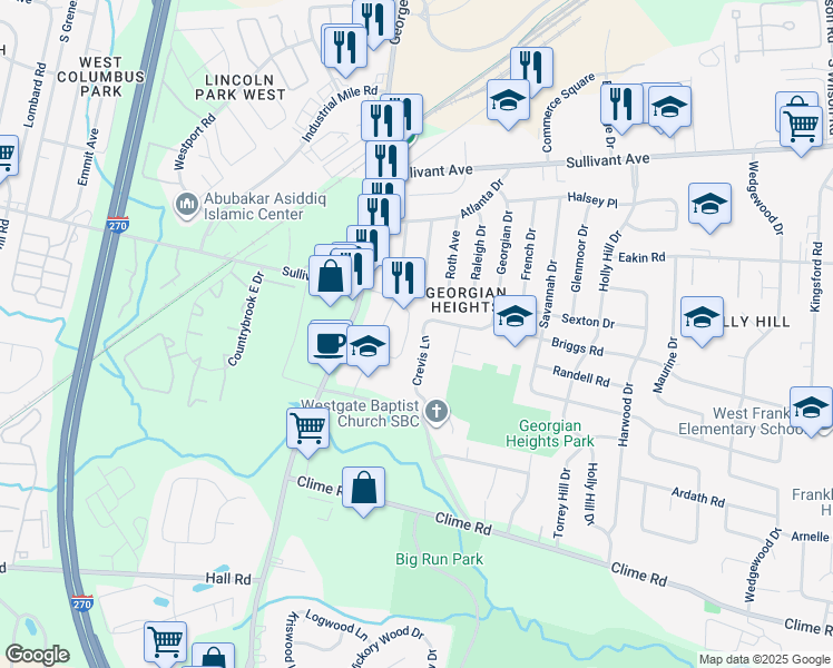 map of restaurants, bars, coffee shops, grocery stores, and more near 805 Crevis Lane in Columbus