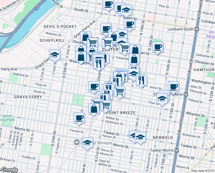 map of restaurants, bars, coffee shops, grocery stores, and more near 1201 South 21st Street in Philadelphia