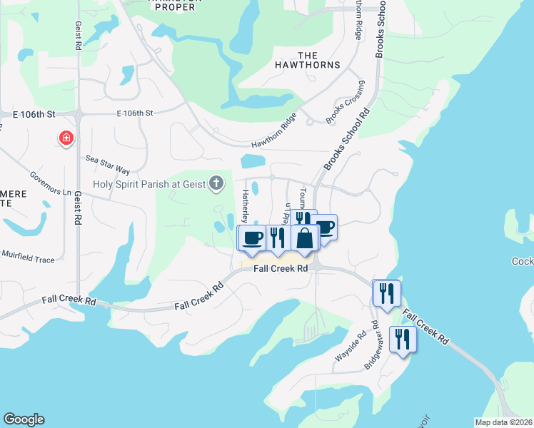 map of restaurants, bars, coffee shops, grocery stores, and more near 10255 Lothbury Circle in Fishers