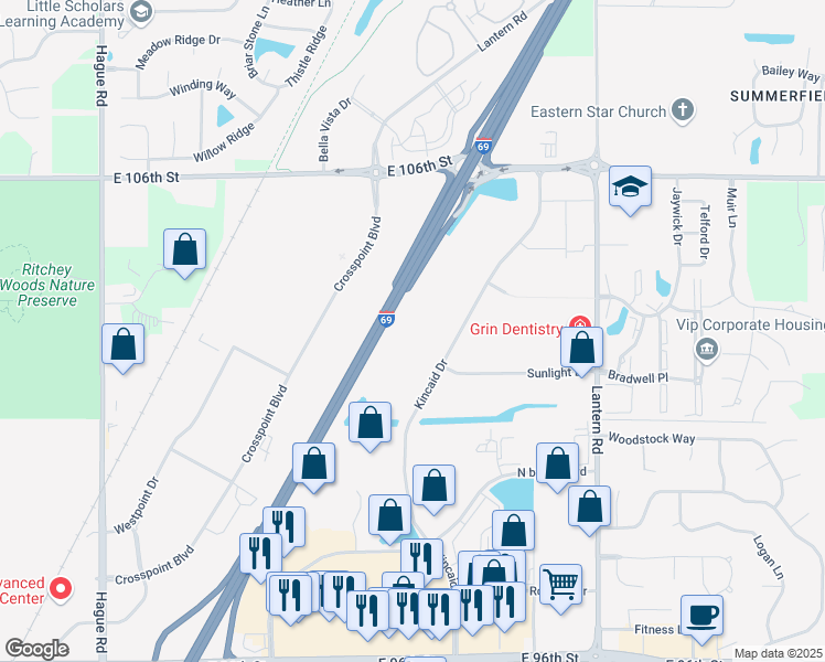 map of restaurants, bars, coffee shops, grocery stores, and more near 10300 Kincaid Drive in Fishers
