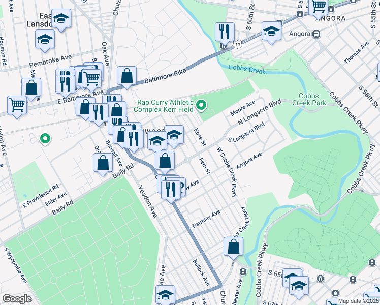 map of restaurants, bars, coffee shops, grocery stores, and more near 903 Longacre Boulevard in Yeadon