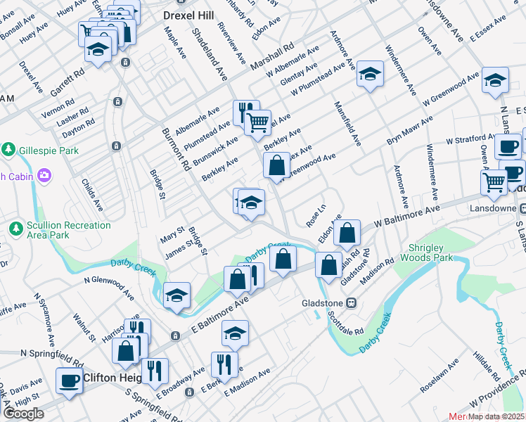 map of restaurants, bars, coffee shops, grocery stores, and more near 134 Abbey Terrace in Drexel Hill
