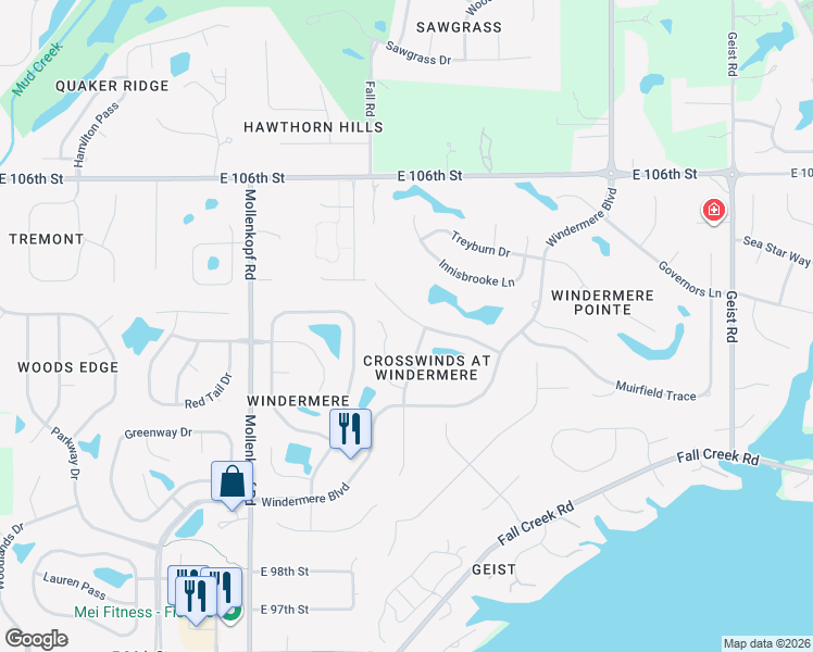 map of restaurants, bars, coffee shops, grocery stores, and more near 10888 Fairwoods Drive in Fishers