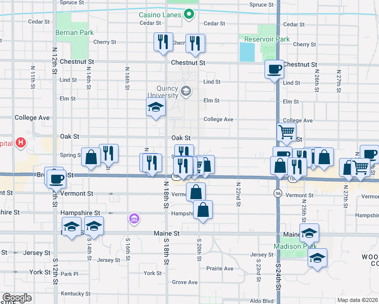 map of restaurants, bars, coffee shops, grocery stores, and more near 523 North 20th Street in Quincy