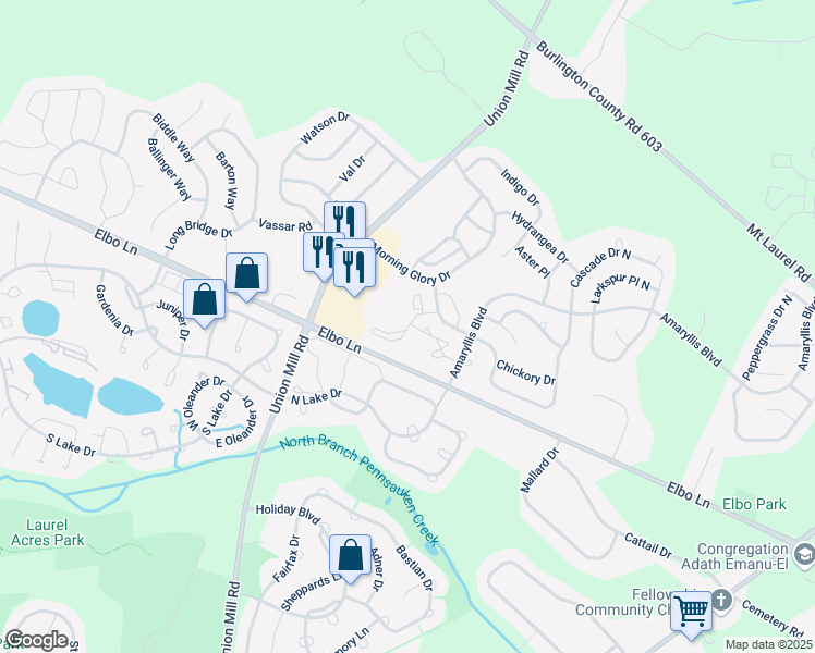 map of restaurants, bars, coffee shops, grocery stores, and more near 1307A Ginger Drive in Mount Laurel Township