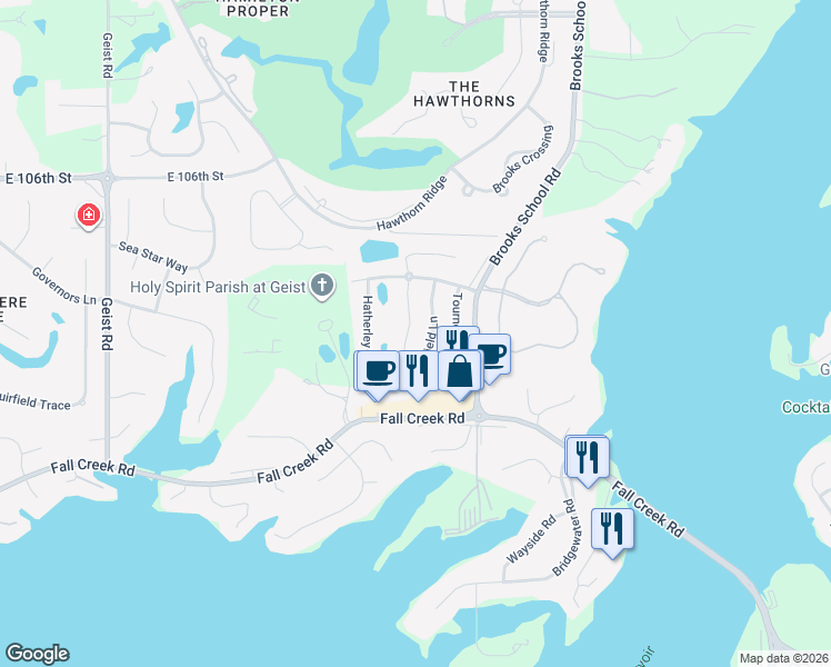 map of restaurants, bars, coffee shops, grocery stores, and more near 10255 Lothbury Circle in Fishers