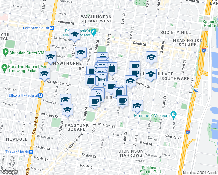 map of restaurants, bars, coffee shops, grocery stores, and more near 808 Carpenter Street in Philadelphia