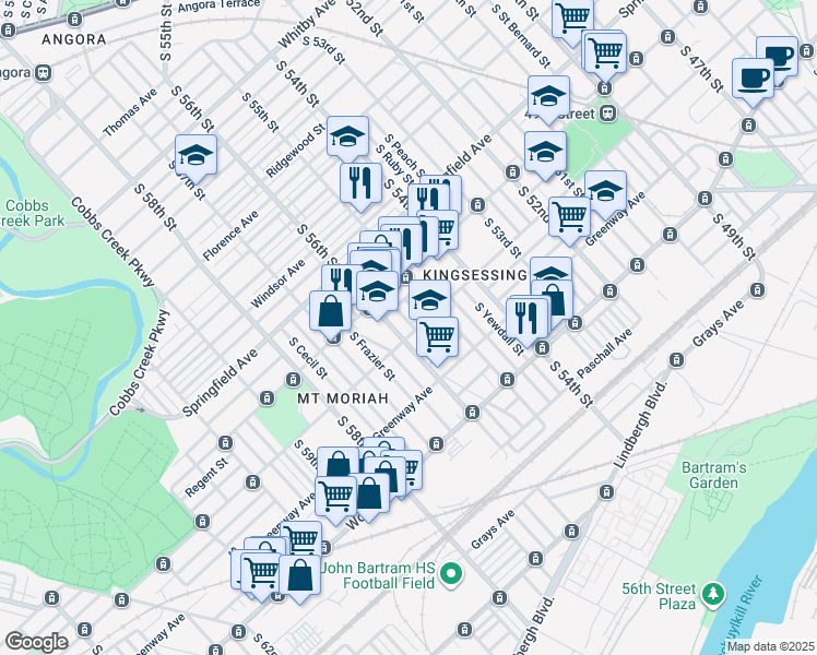 map of restaurants, bars, coffee shops, grocery stores, and more near 5533 Kingsessing Avenue in Philadelphia