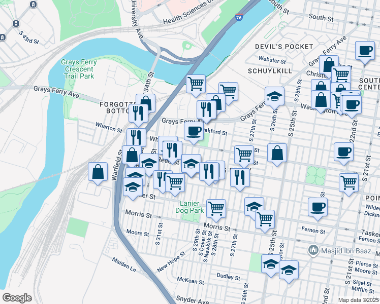 map of restaurants, bars, coffee shops, grocery stores, and more near 1318 South 30th Street in Philadelphia