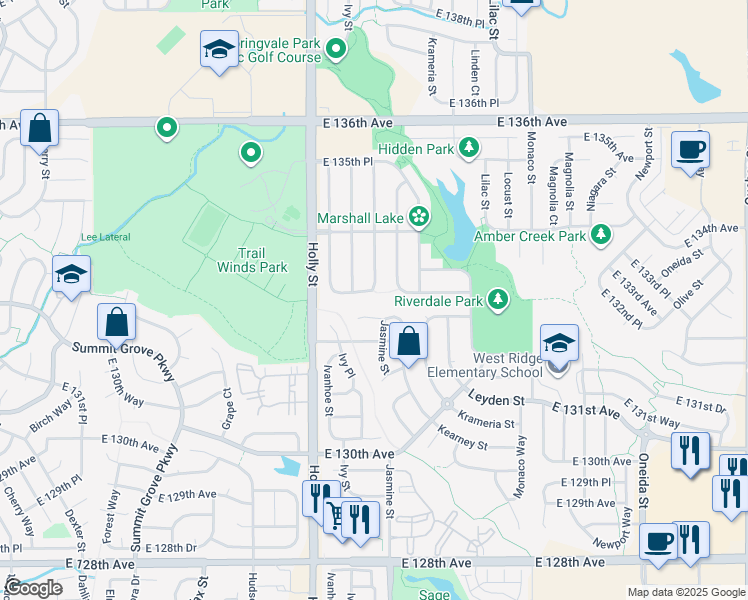 map of restaurants, bars, coffee shops, grocery stores, and more near 13310 Jasmine Street in Thornton