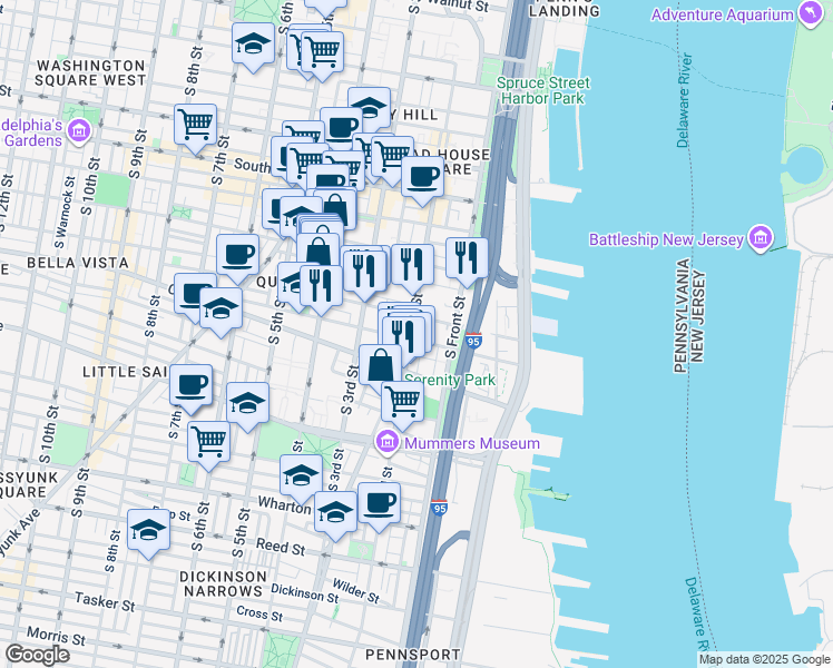 map of restaurants, bars, coffee shops, grocery stores, and more near 819 South 2nd Street in Philadelphia