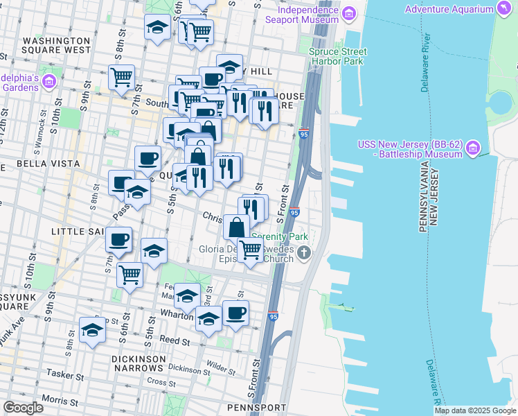 map of restaurants, bars, coffee shops, grocery stores, and more near 212 Catharine Street in Philadelphia