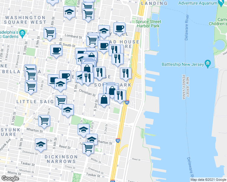 map of restaurants, bars, coffee shops, grocery stores, and more near 212 Catharine Street in Philadelphia