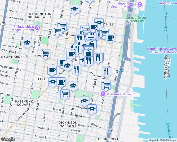 map of restaurants, bars, coffee shops, grocery stores, and more near 342 Queen Street in Philadelphia