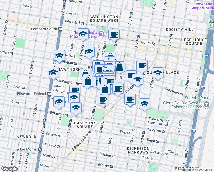map of restaurants, bars, coffee shops, grocery stores, and more near 938 South 9th Street in Philadelphia