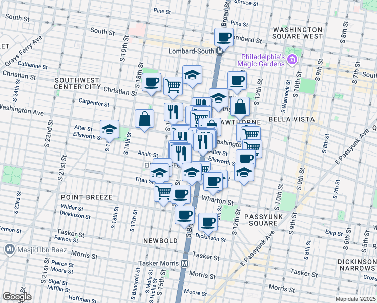 map of restaurants, bars, coffee shops, grocery stores, and more near 1100 Broad Street in Philadelphia