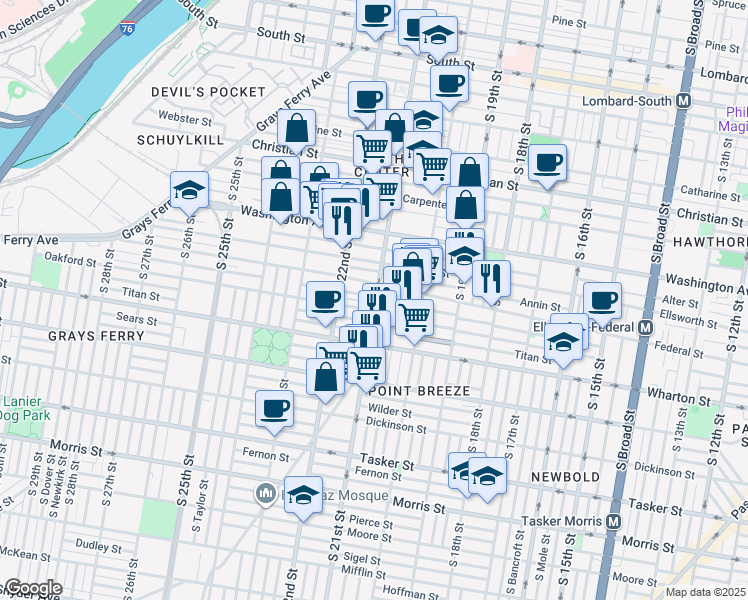 map of restaurants, bars, coffee shops, grocery stores, and more near 1201 South 21st Street in Philadelphia