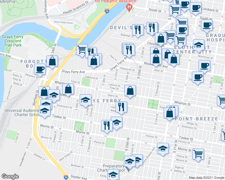 map of restaurants, bars, coffee shops, grocery stores, and more near in Philadelphia