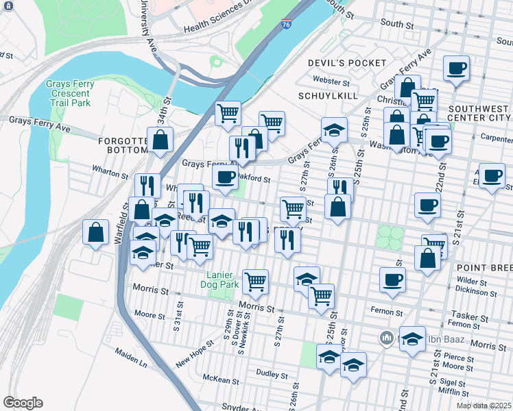 map of restaurants, bars, coffee shops, grocery stores, and more near 1267 South 29th Street in Philadelphia