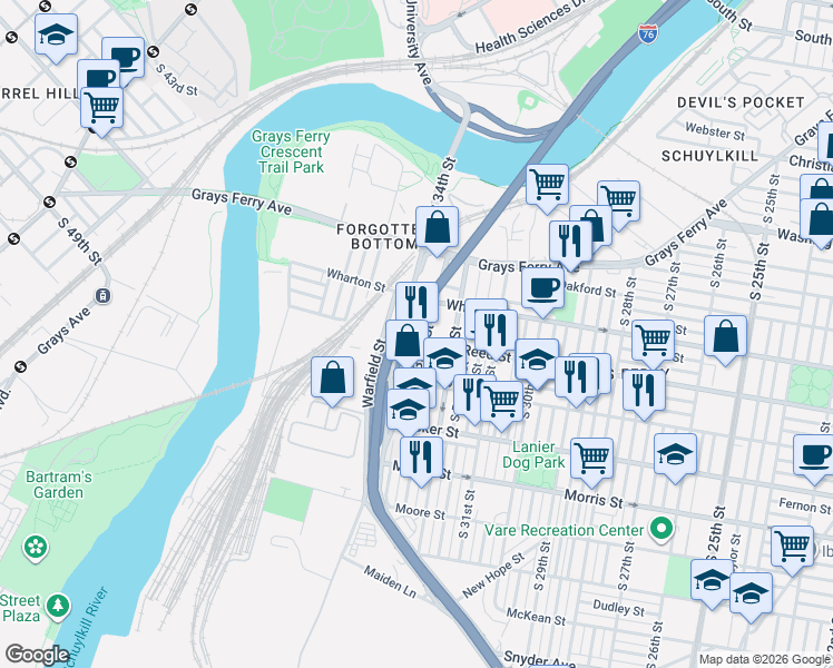 map of restaurants, bars, coffee shops, grocery stores, and more near 1322 South 33rd Street in Philadelphia
