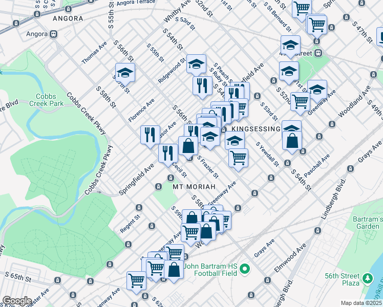 map of restaurants, bars, coffee shops, grocery stores, and more near 5617 Chester Avenue in Philadelphia