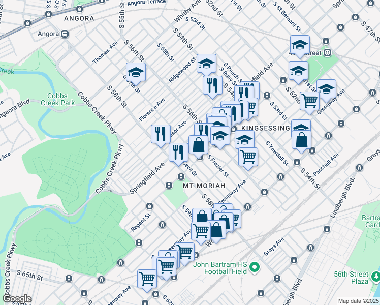 map of restaurants, bars, coffee shops, grocery stores, and more near 1824 South 57th Street in Philadelphia
