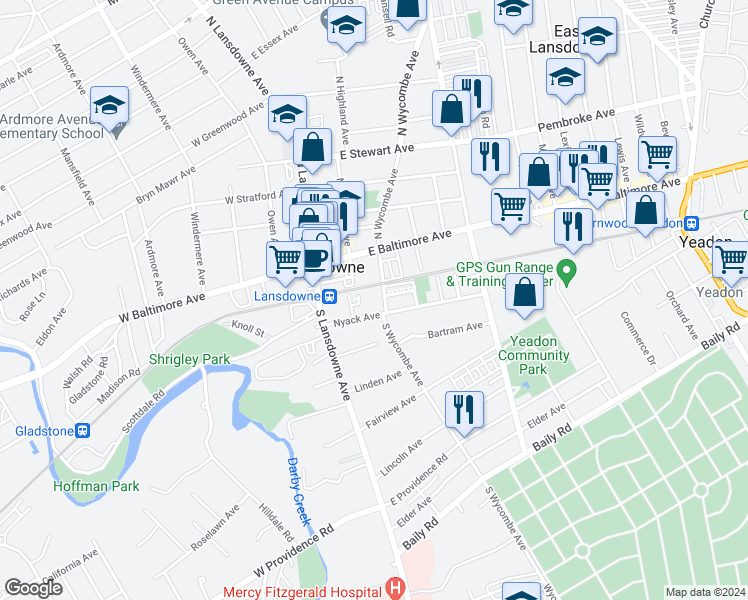 map of restaurants, bars, coffee shops, grocery stores, and more near 30 South Wycombe Avenue in Lansdowne